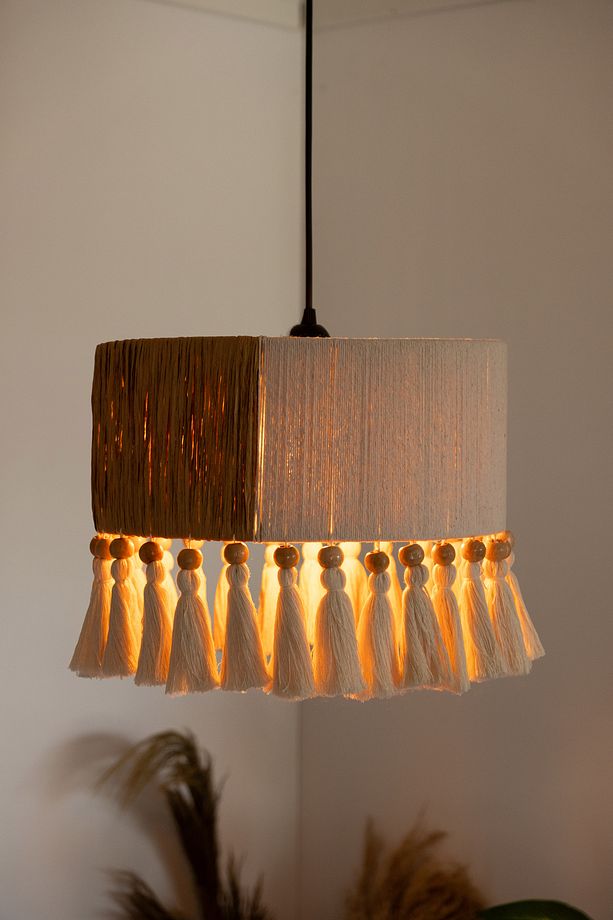 Beyaz Püsküllü Bohem Avize Rustik Rattan Avize Hasır Avize El İşçiliği Doğal Boho Chandelier - 4