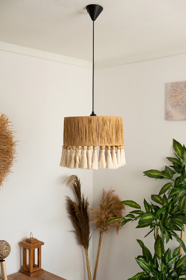 Püsküllü Rattan Bohem Avize Rustik Hasır Avize El İşçiliği Doğal Jüt Boho Chandelier - 1