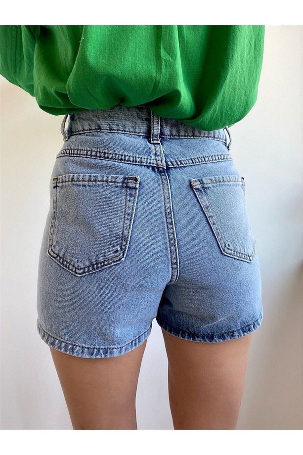 Mavi Kar Yıkamalı Düğme Detaylı Denim Şort Etek - 3