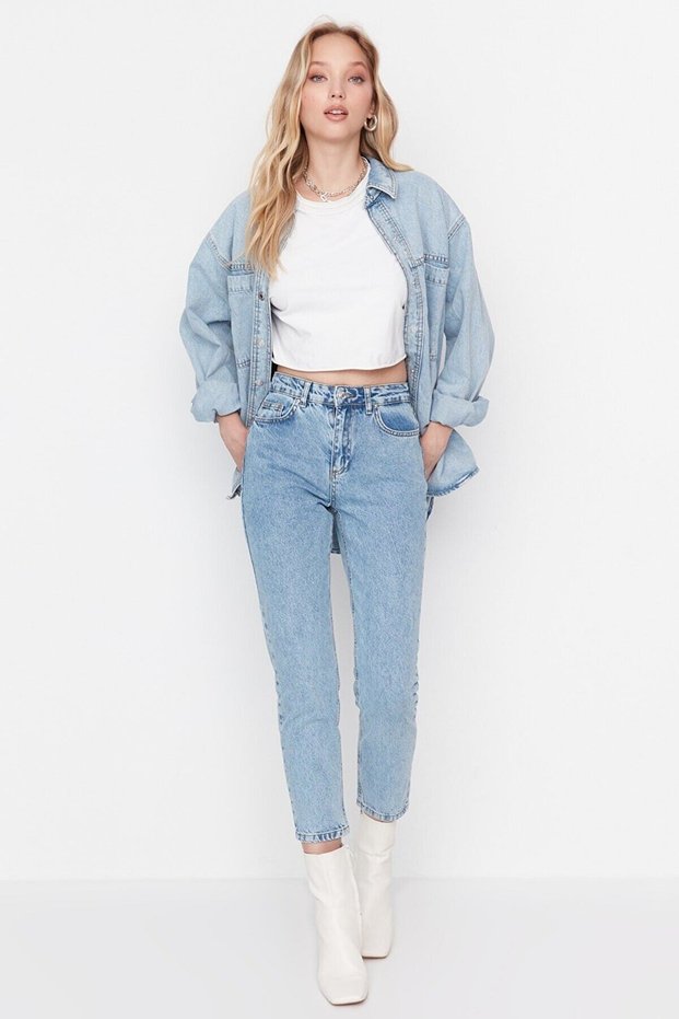 Women's Snow Wash Mom Light Blue High Waist Boyfriend Jean
