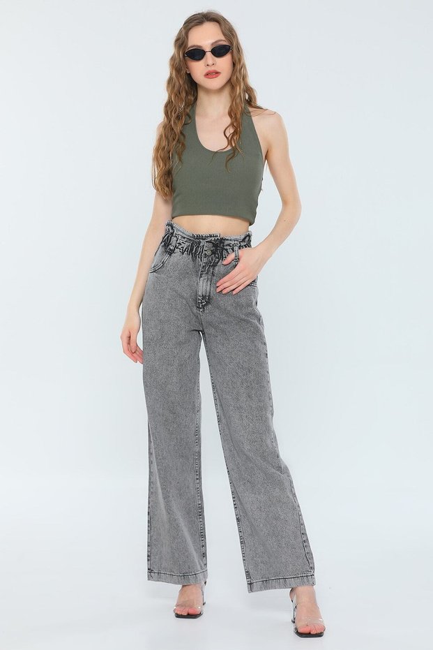 Women's Anthracite Smoked Color Front Buttoned Elastic Waist Flare Pattern Wide Leg Jeanfrango