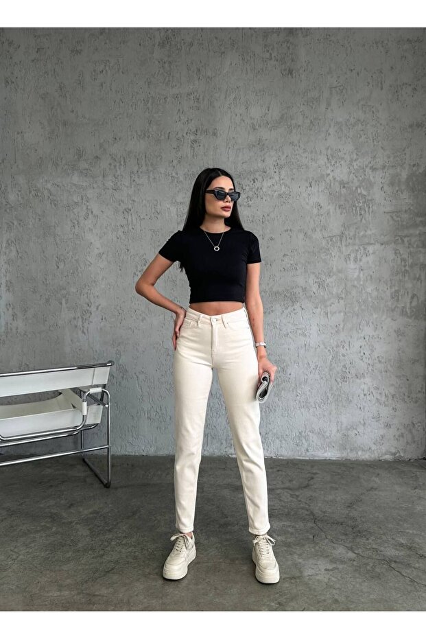 Julia Trend High Waist Beige Color Mom Jeans Lycra Stretch Jeans