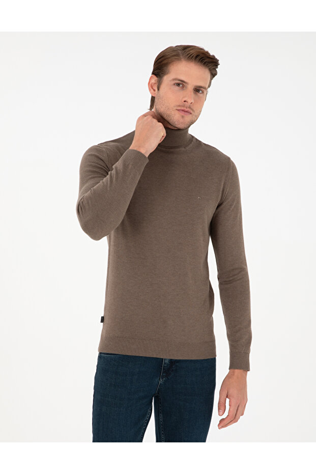 Mink Melange Slim Fit Turtleneck Basic Knitwear Sweater 50296582-Vr174