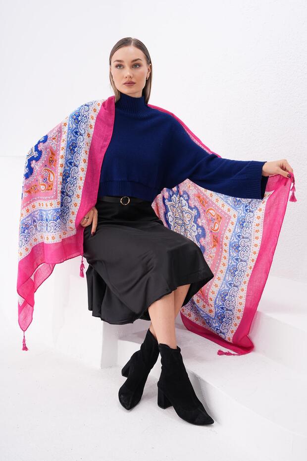 15238 Patchwork Patterned Blue Tassel Shawl - 6