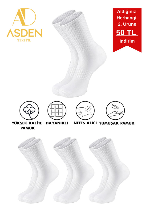 Unisex College Tennis Socks, White 3-Pack, Washable, Seamless, Premium