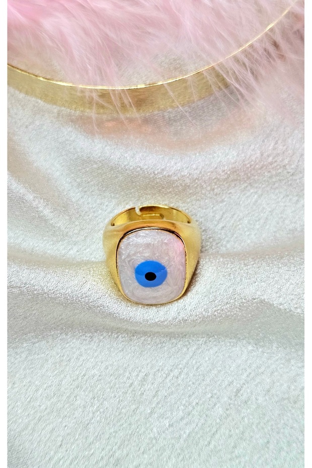 Dilan Evil Eye Ring, Gold Plated Evil Eye Bead Ring, Adjustable, Rectangular Evil Eye Ring - 2