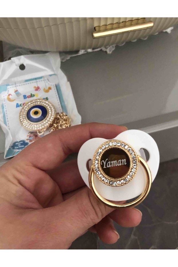 White Zircon Stone Silicone Palate Baby Pacifier and Evil Eye Chain Set (0-6 Months) 0441