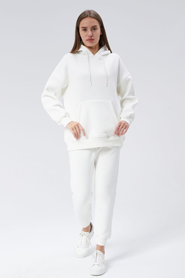 طقم بدلة رياضية بغطاء للرأس بثلاثة خيوط باللون الأبيض - جيب الكنغر - 2