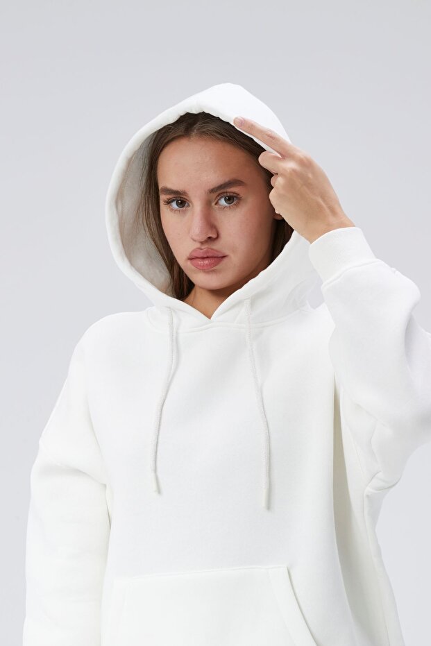 طقم بدلة رياضية بغطاء للرأس بثلاثة خيوط باللون الأبيض - جيب الكنغر - 6