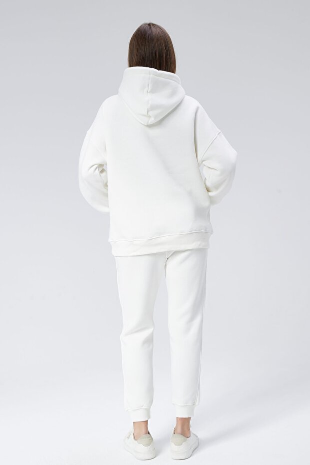 طقم بدلة رياضية بغطاء للرأس بثلاثة خيوط باللون الأبيض - جيب الكنغر - 8