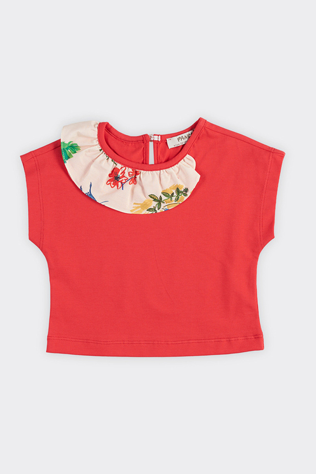 Baby Girl Red T-Shirt with Ruffle Collar Detail