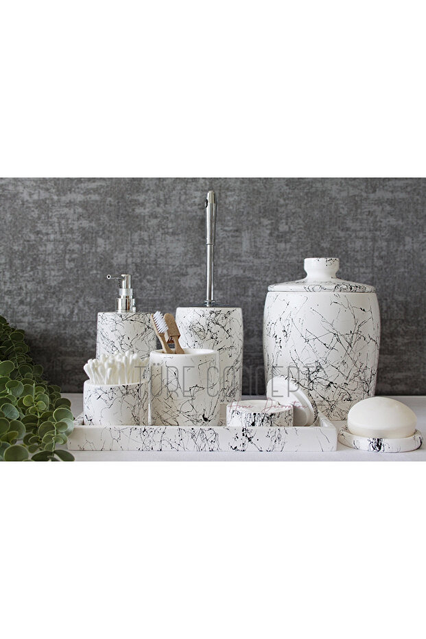 Black and White Patterned Bathroom Set: Trash Can, Toilet Brush, Tray, Soap Dispenser, Cotton Swab Holder, Swab Holder