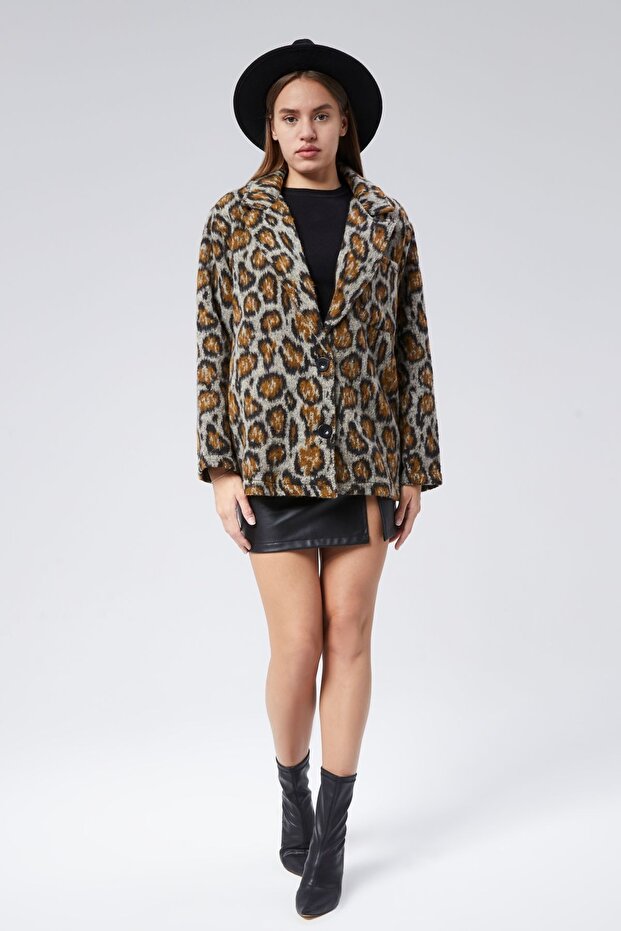 Блейзер оверсайз з кишенями з леопардовим принтом - STD - Кава - 4