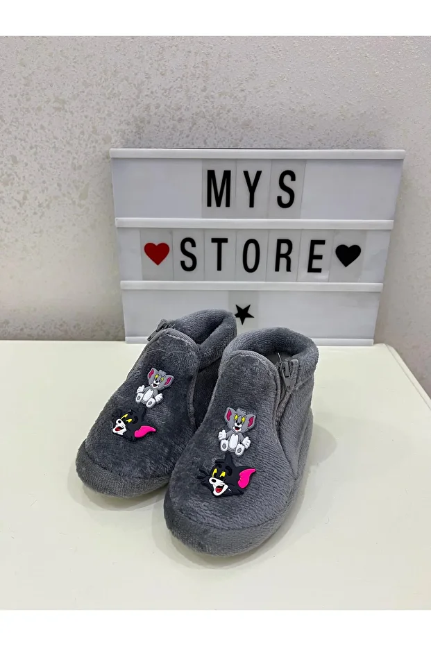 Panduf Tom ve Jerry Figürlü Gri Kışlık Rahat Yumuşak Ev Botu Ev Ayakkabısı - 1