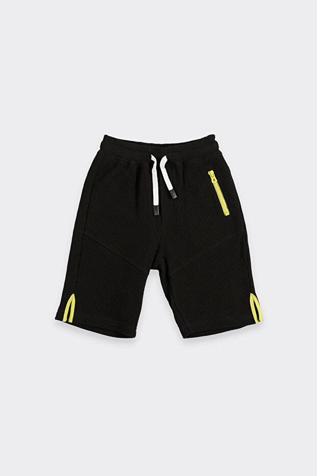 Erkek Çocuk Yırtmaç Detaylı Örme Siyah Şort - 2