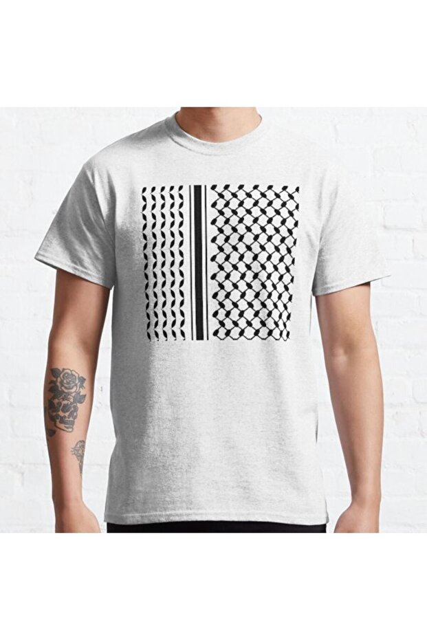Loose Fit Unisex Keffiyeh And Lines In Black Design Printed T-shirt