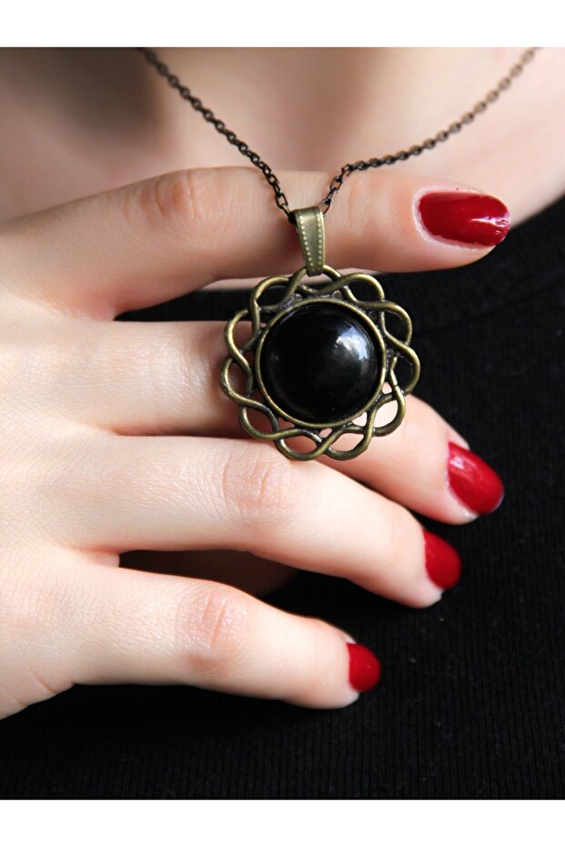 Natural Stone Onyx Natural Stone Women's Antique Model Necklace with 40cm Chain Euk11O