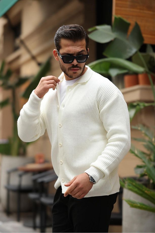 Oversize Selanik Örgü Düğmeli Erkek Hırka- Ekru - 4