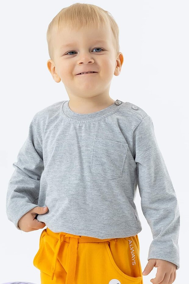 Baby Boy Long Sleeve T-Shirt with Pocket, 9 Months-3 Years, Gray Melange