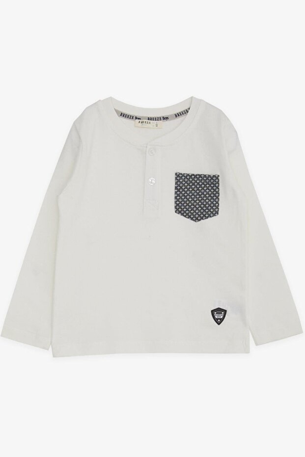 Baby Boy Long Sleeve T-Shirt with Pockets Buttons Embroidered 9 Months-3 Years, Ecru