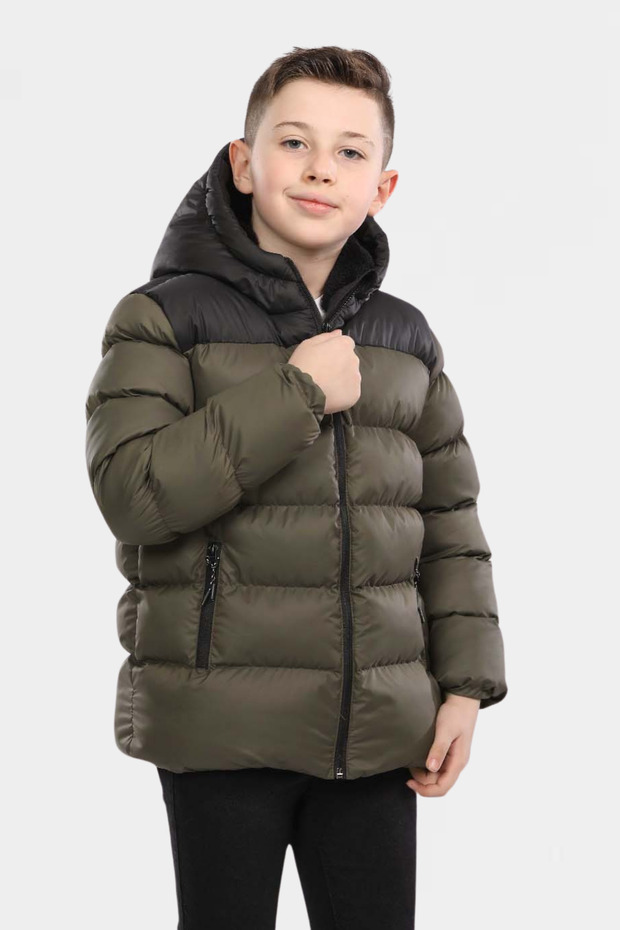 Boy's Khaki Piece Fleece Inside Fur Waterproof Winter Thick Hooded Coat