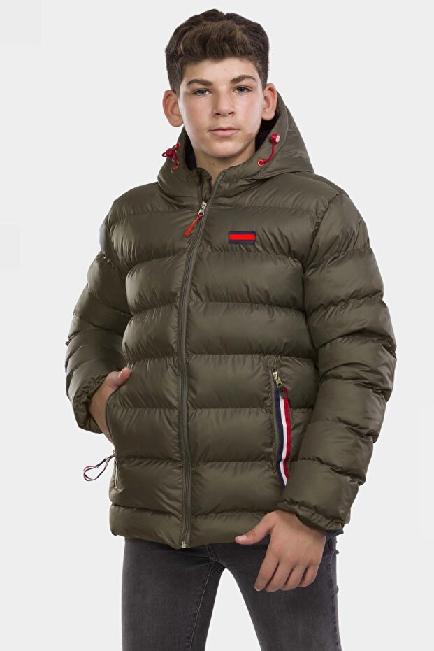 Boy's Khaki Fleece Inside Furry Waterproof Winter Thick Hooded Coat
