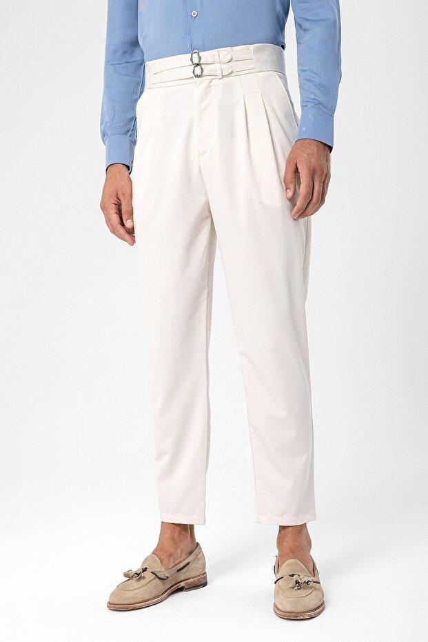 High waist buckle belt pleated fabric trousers