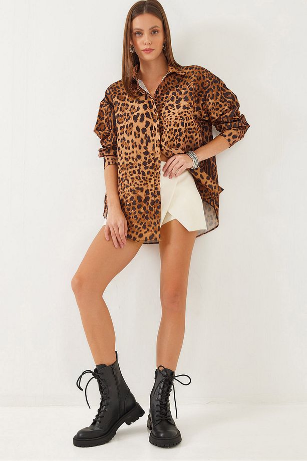 Kadın Leopar Desenli Oversize Basic Gömlek 60351003 - 1