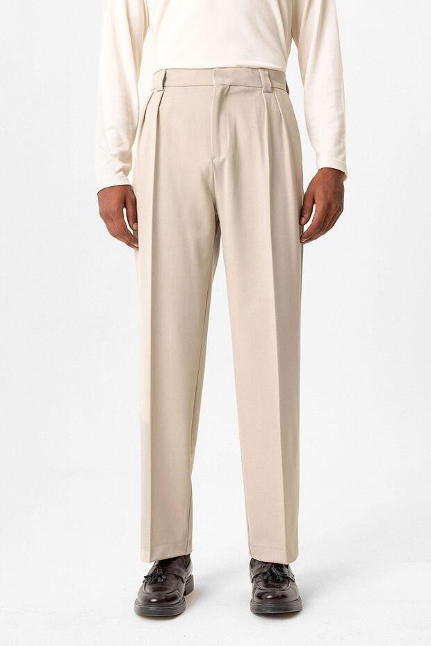 Beige High Waist Pleated Relaxed Fit Baggy Men's Trousers