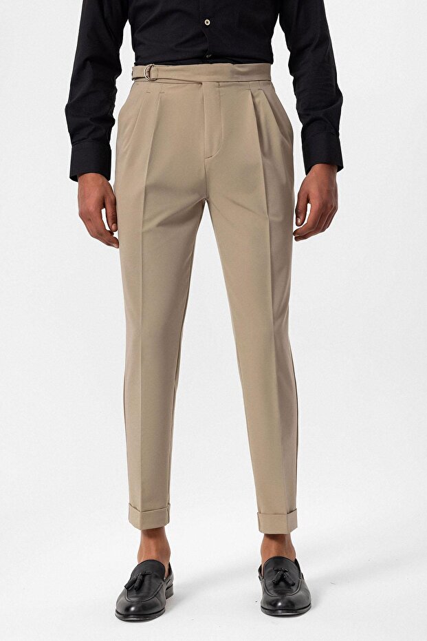 High Waist Buckle Closure Pleated Men's Pants