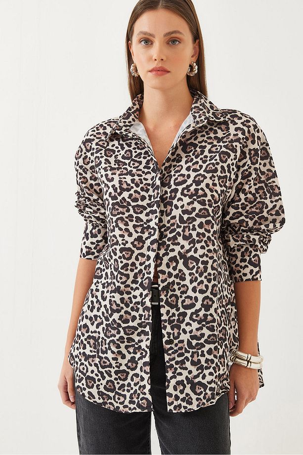 Kadın Leopar Desenli Oversize Basic Gömlek 60351003 - 7