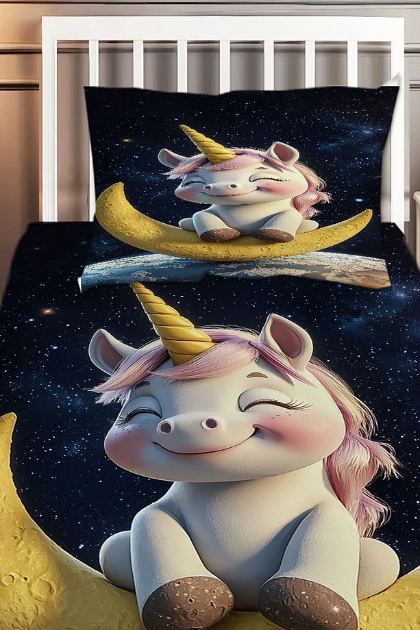 Ayda Oturan Unicorn Desenli Kız Çocuk Tek Kişilik Dekoratif Yatak Örtüsü Yastık Kılıflı - 2