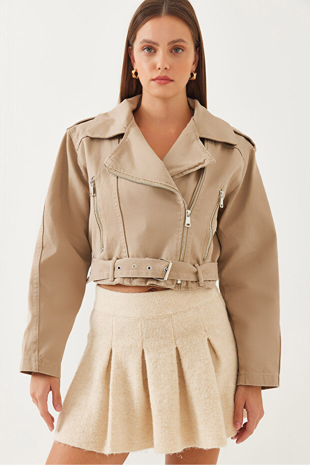 Women's Beige Gabardine Biker Jacket 2436 60351027
