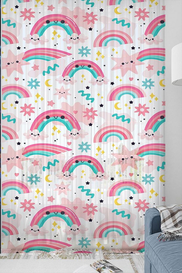 Pembe Gök Kuşaklı Desenli Kız Çocuk Tül Perde Tek Kanat 140x260cm - 1