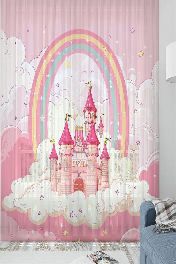 Pembe Şatolu Desenli Kız Çocuk Tül Perde Tek Kanat 140x260cm - 1
