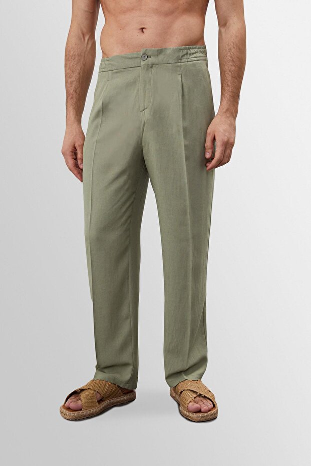High-waisted pleated linen blend men's trousers