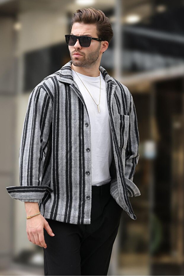 Black Patterned Men's Fleece Shirt with Pockets E6757