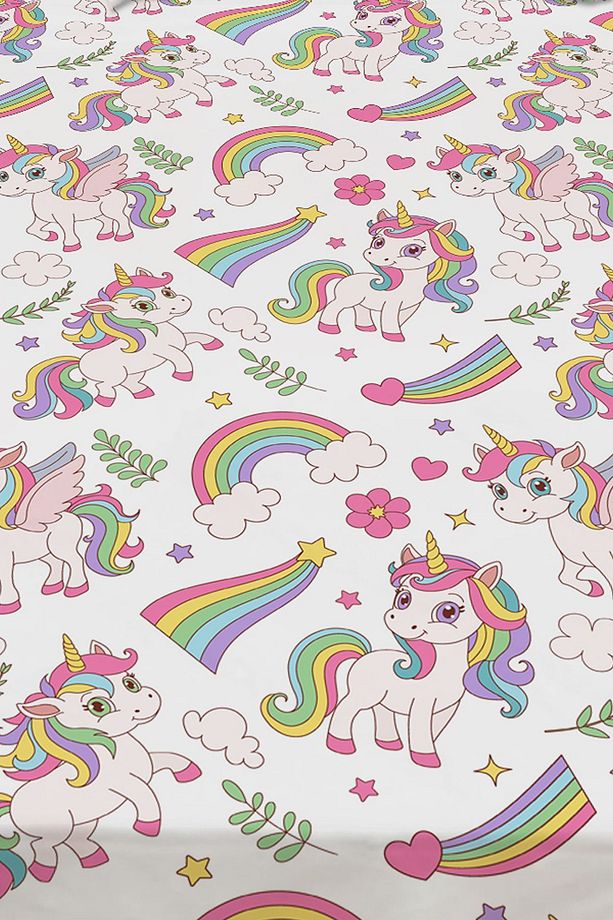 Gökkuşağı Unicorn Atlı Desenli Kız Çocuk Tek Kişilik Dekoratif Yatak Örtüsü Yastık Kılıflı - 3