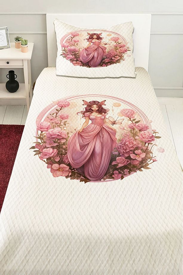 Pembe Prenses Perili Desenli Kız Çocuk Tek Kişilik Pike Takımı Kapitoneli Yatak Örtüsü - 1