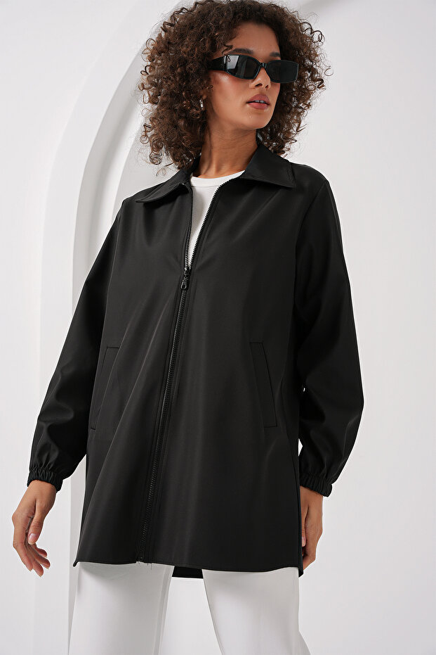 5909 Çift Renkli Mevsimlik Trençkot Siyah - 3