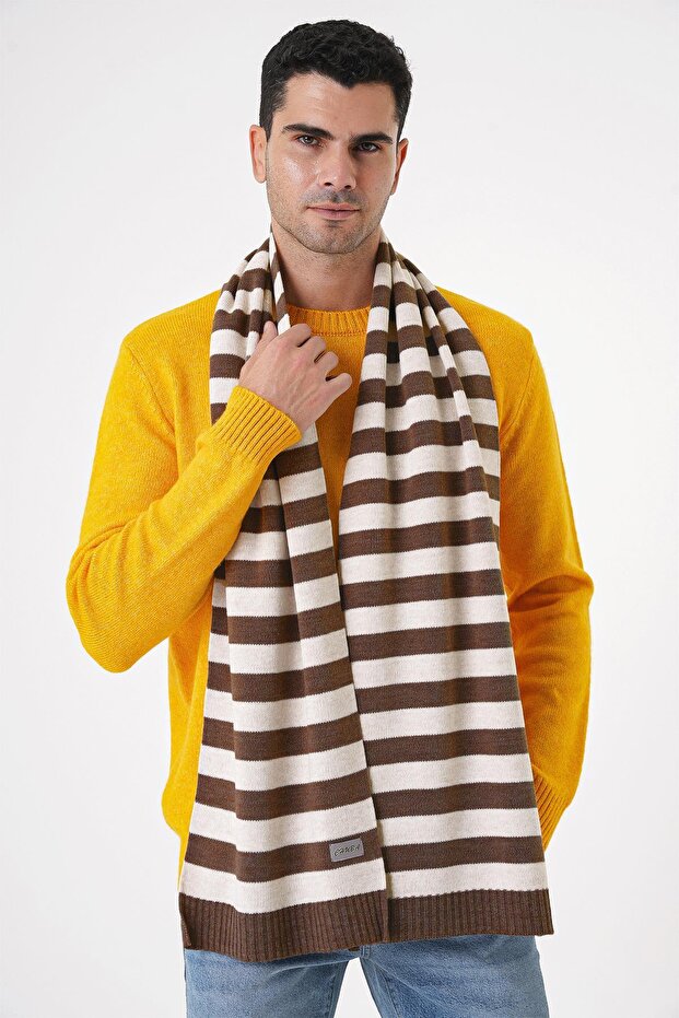Men's Striped and Soft Textured Knitwear Scarf Brown-Beige 25W4002