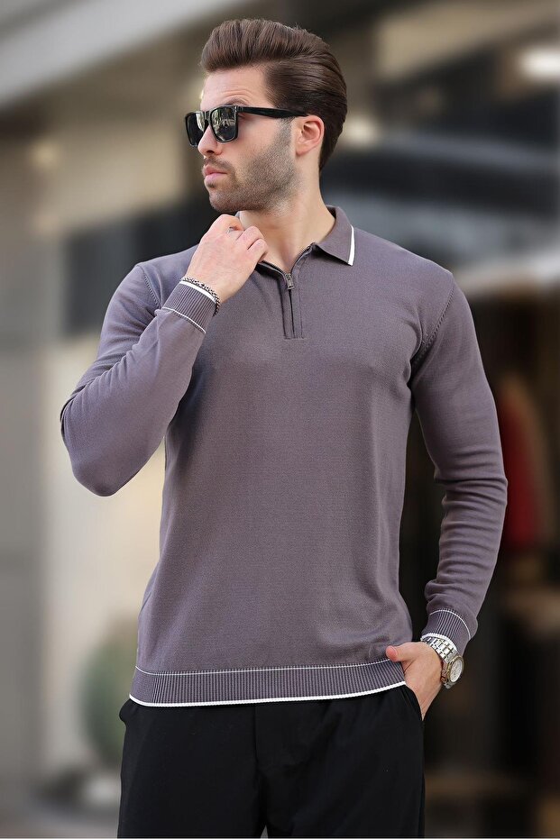 Dark Gray Zippered Polo Collar Stripe Detailed Long Sleeve Sweater 7267