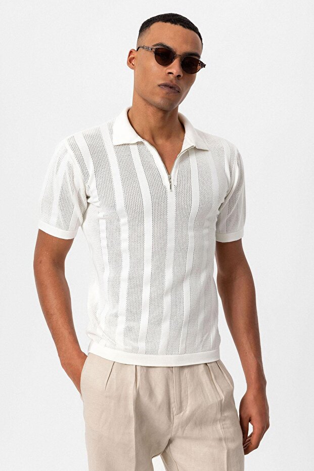 Polo Collar Zippered Knitted Men's T-Shirt