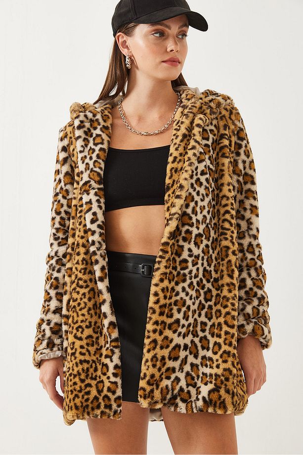 Kadın Kapüşonlu Leopar Desenli Kürk 2457 60251827 - 5