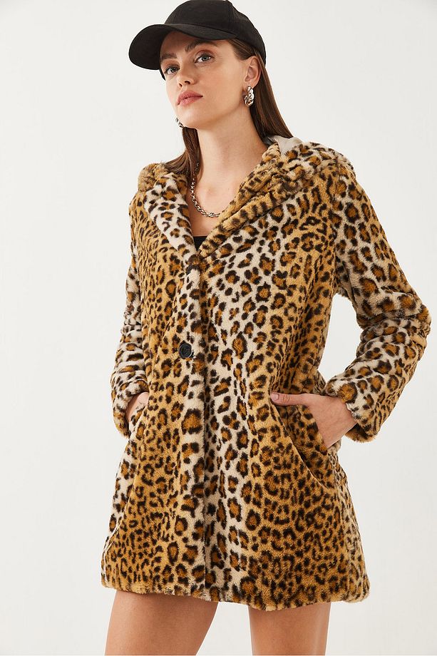 Kadın Kapüşonlu Leopar Desenli Kürk 2457 60251827 - 6