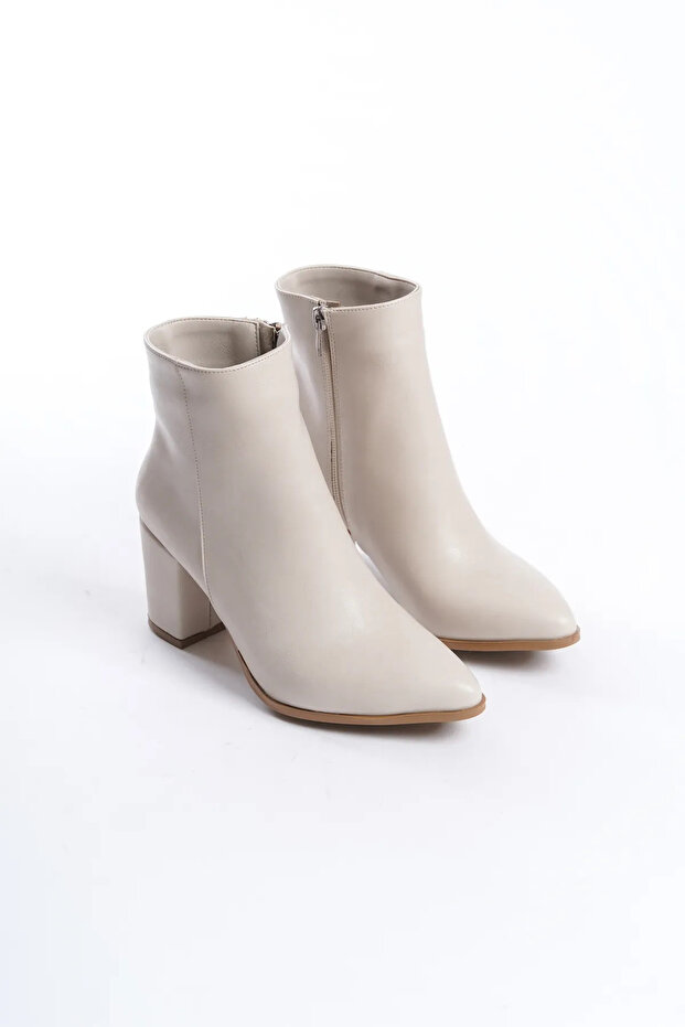Beige Skin Women's Heeled Flat Pointed Boots-Bootie