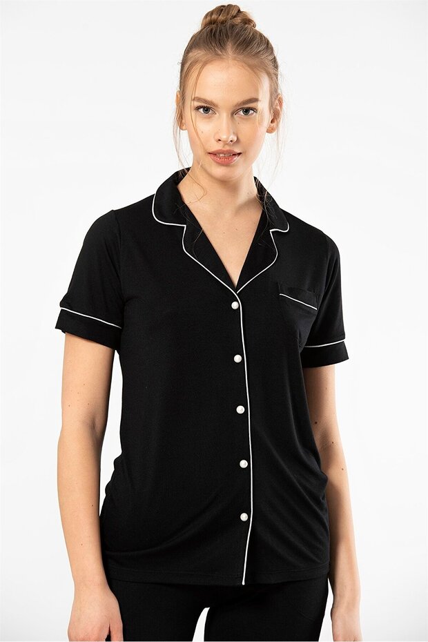 3368 Black Women's Straight Short Sleeve Shirt Collar Pajamas Set