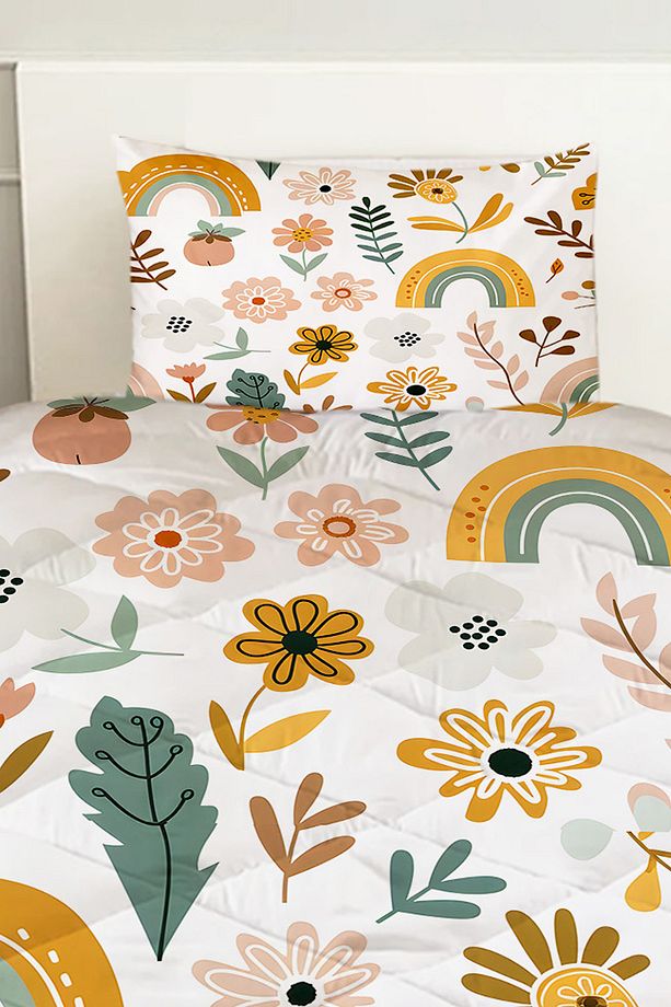 Çiçekli Boho Gökkuşağı Desenli Kız Çocuk Tek Kişilik Kapitoneli Yorgan Kılıfı Uyku Seti - 2