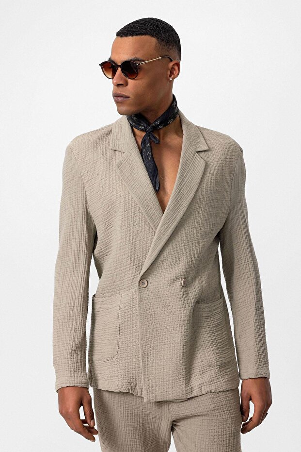 Beige Double-Breasted Unlined Men's Blazer Jacket