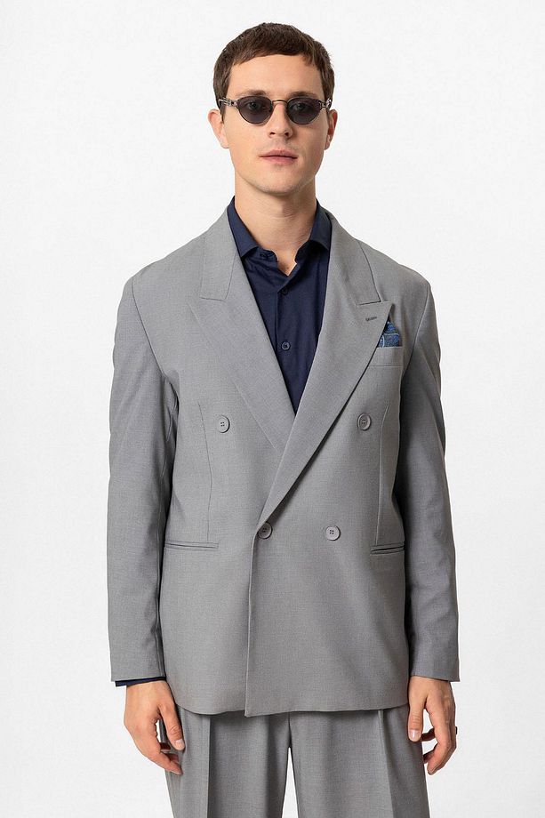 Gri Tek Düğme Kruvaze Erkek Blazer Ceket - 1